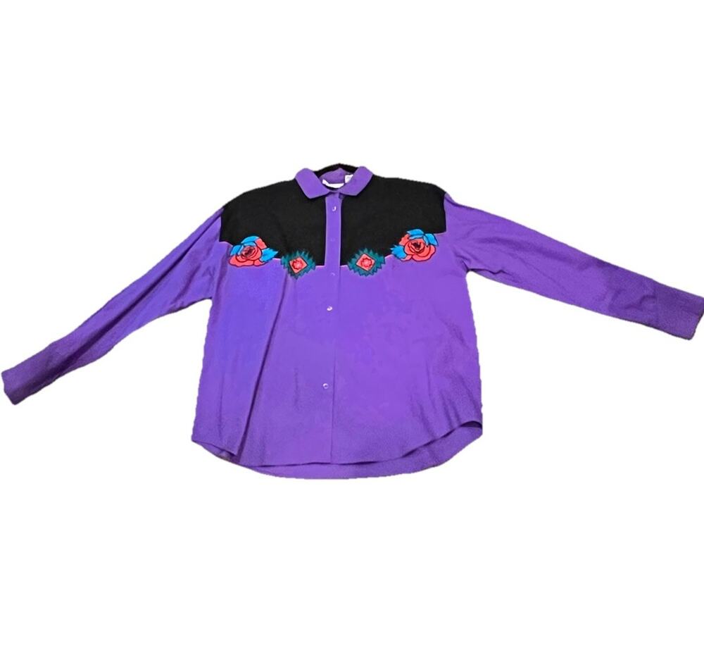 VTG 1993 Side Saddle Western Womens Large Shirt Purple Black Floral Embroidered